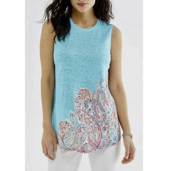 J. Jill Tops - J. JILL Linen Women Sleeveless  Island Blue Delany Floral Paisley Top Size Large